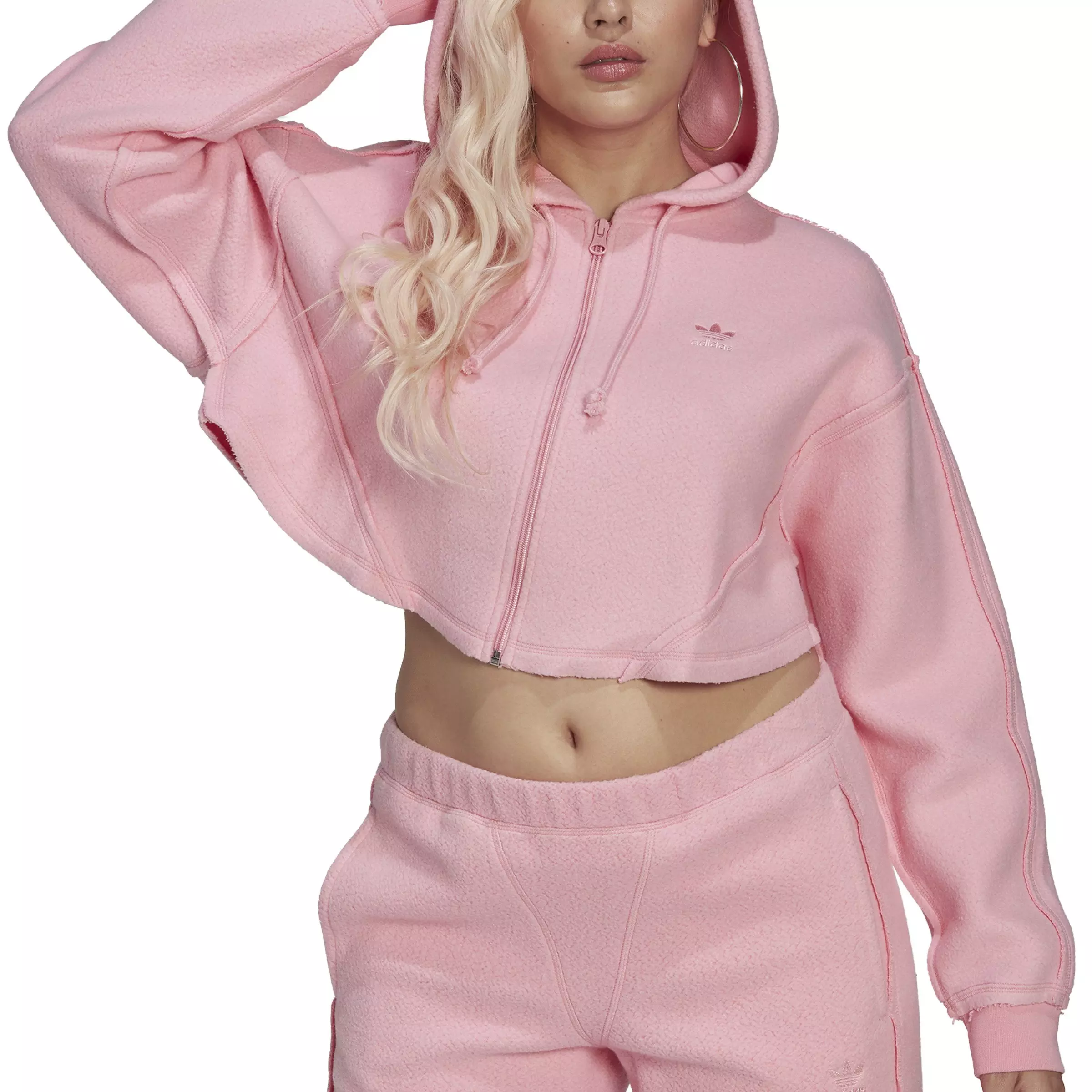 adidas Women s LOUNGEWEAR Crop Full Zip Hoodie Pink Hibbett